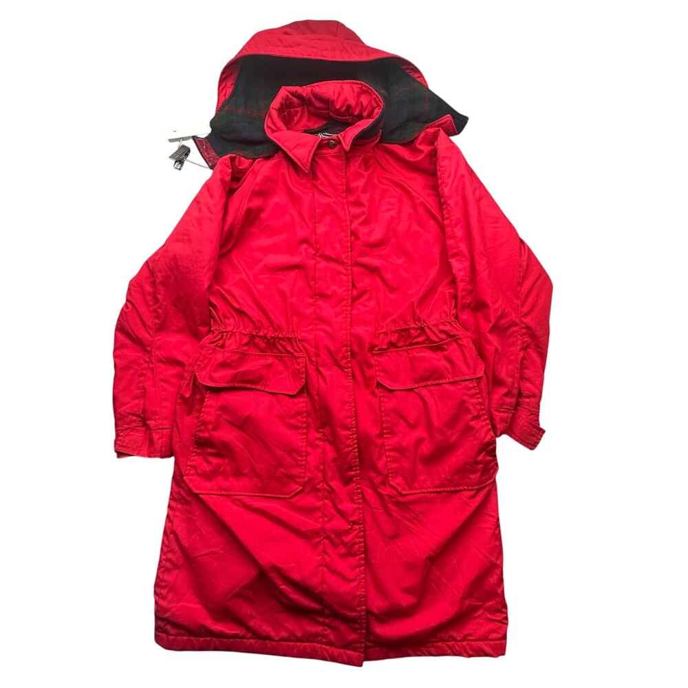 Vintage 80s Woolrich Long Hooded Parka Jacket Womens Large Wool Plaid Lined Red